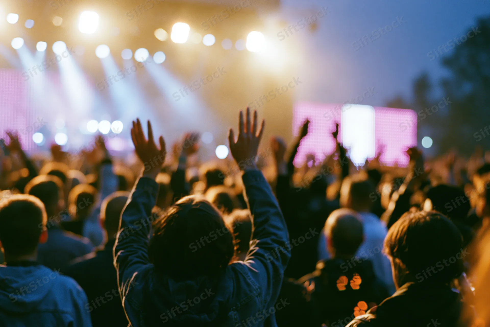 Crowd of people with hands raised at outdoor concert stage at night