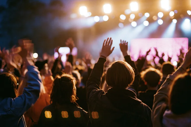 Crowd of young people raising hands at outdoor concert stage at night