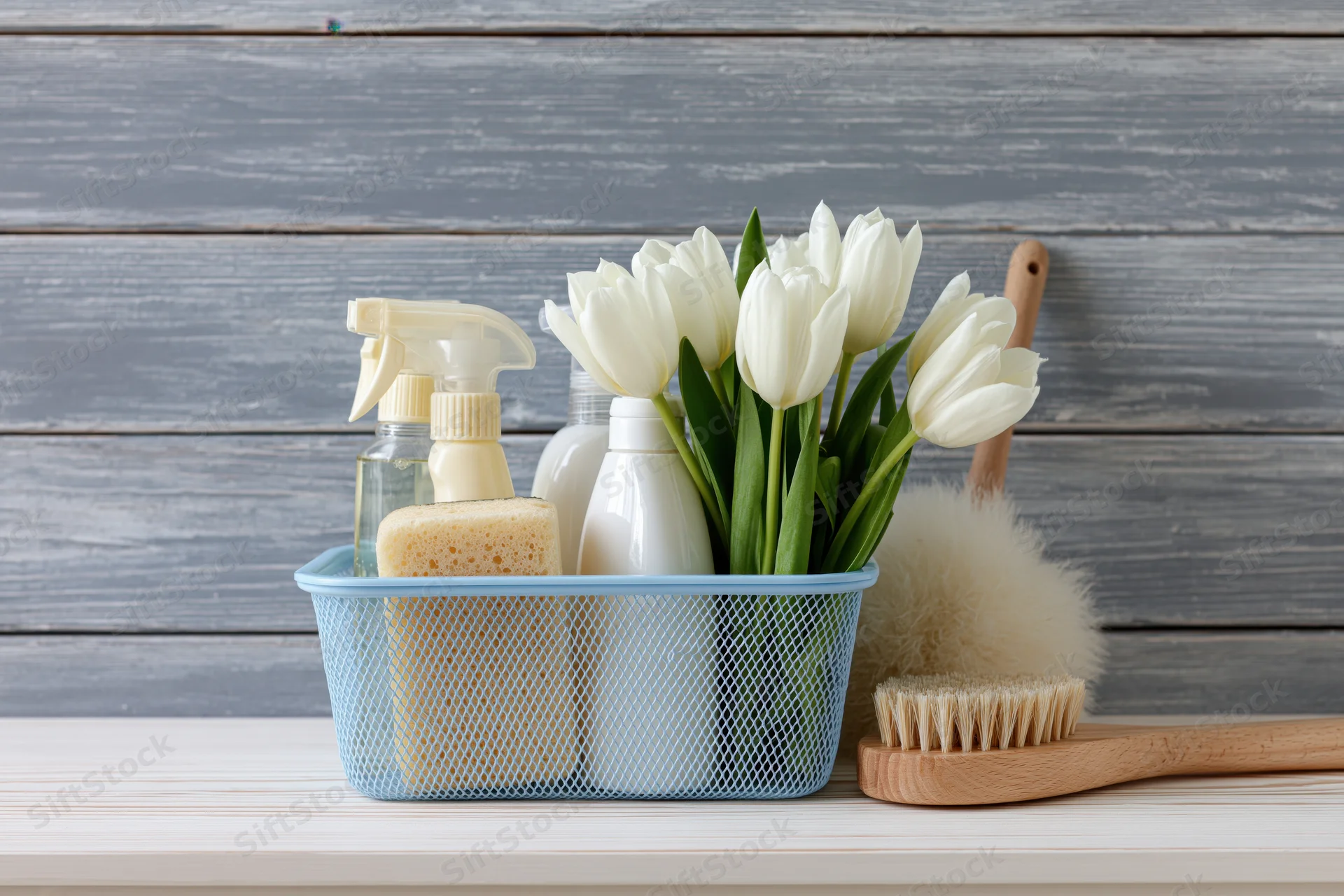 Light blue mesh caddy holding cleaning bottles, sponge, and white tulips on a countertop beside a wooden brush