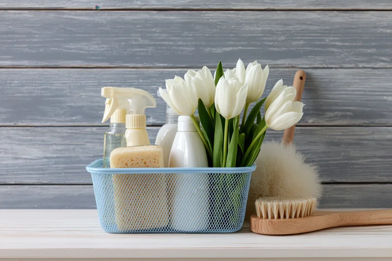 Light blue mesh caddy holding cleaning bottles, sponge, and white tulips on a countertop beside a wooden brush