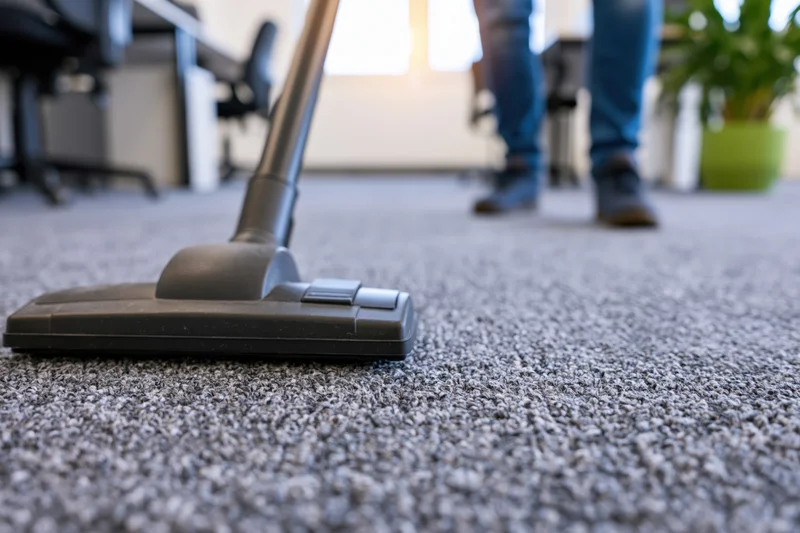 Vacuum cleaner head on gray carpet in office space with worker's legs visible in background
