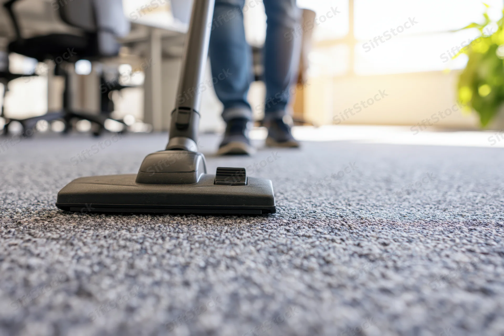 Vacuum cleaner head moving across carpeted office floor with worker’s legs visible in background