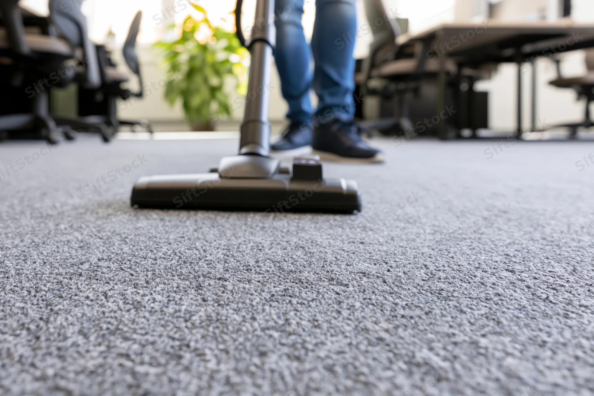 Vacuum cleaner head moving across gray carpet in office space