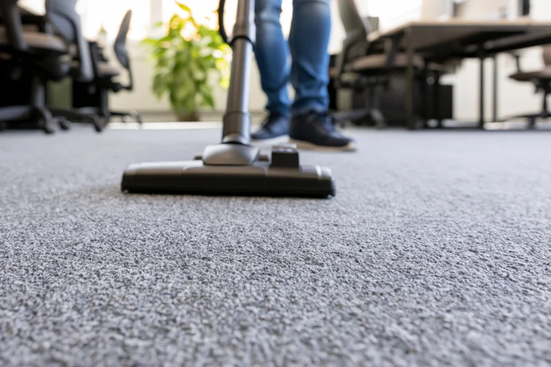 Vacuum cleaner head moving across gray carpet in office space