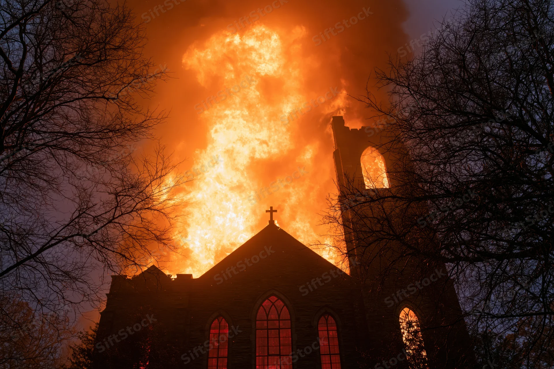 Gothic stone church engulfed in flames at night with cross and tower silhouetted against fire and smoke
