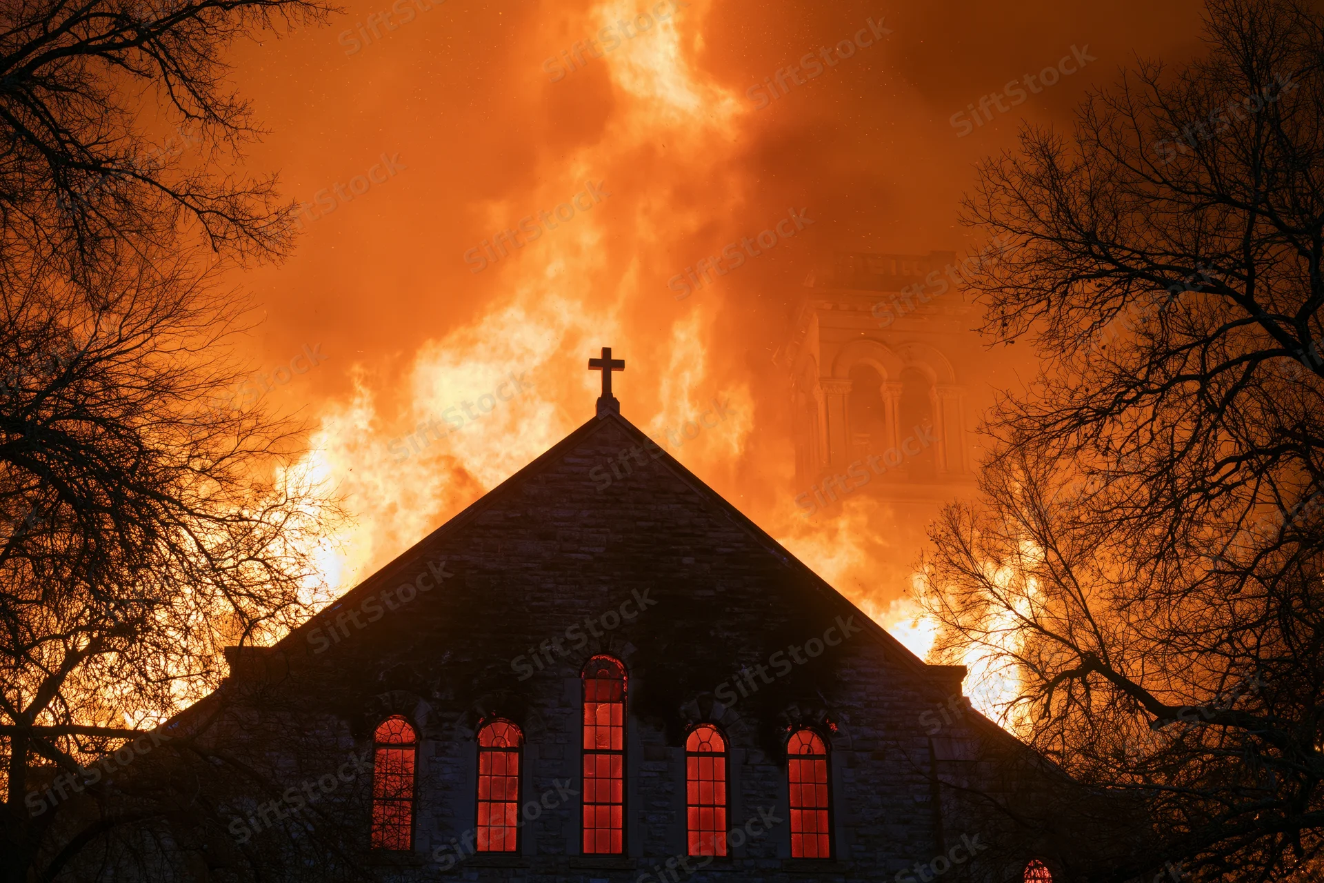 Stone gothic church engulfed in flames at night with cross and bare trees silhouetted against fiery sky