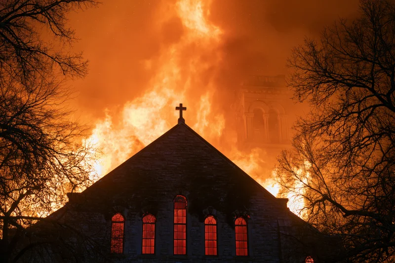 Stone gothic church engulfed in flames at night with cross and bare trees silhouetted against fiery sky