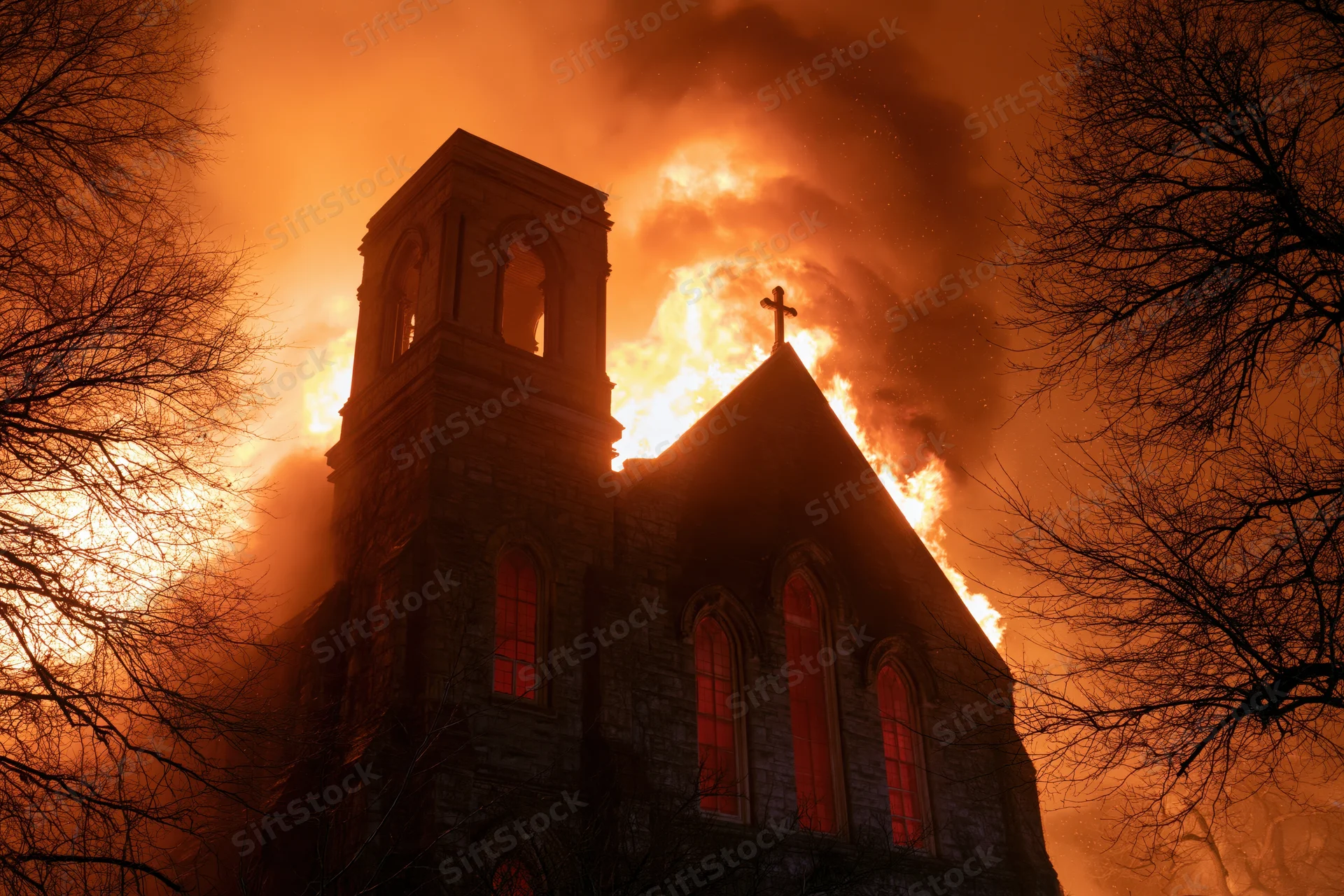 Gothic stone church engulfed in flames at night with cross on roof and bare trees silhouetted against firelight