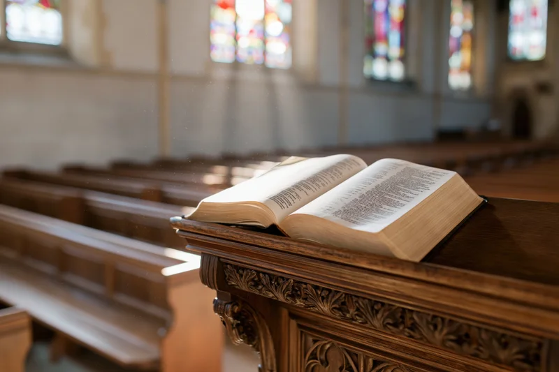 Open bible resting on carved wooden pulpit inside church with stained glass windows and pews in background