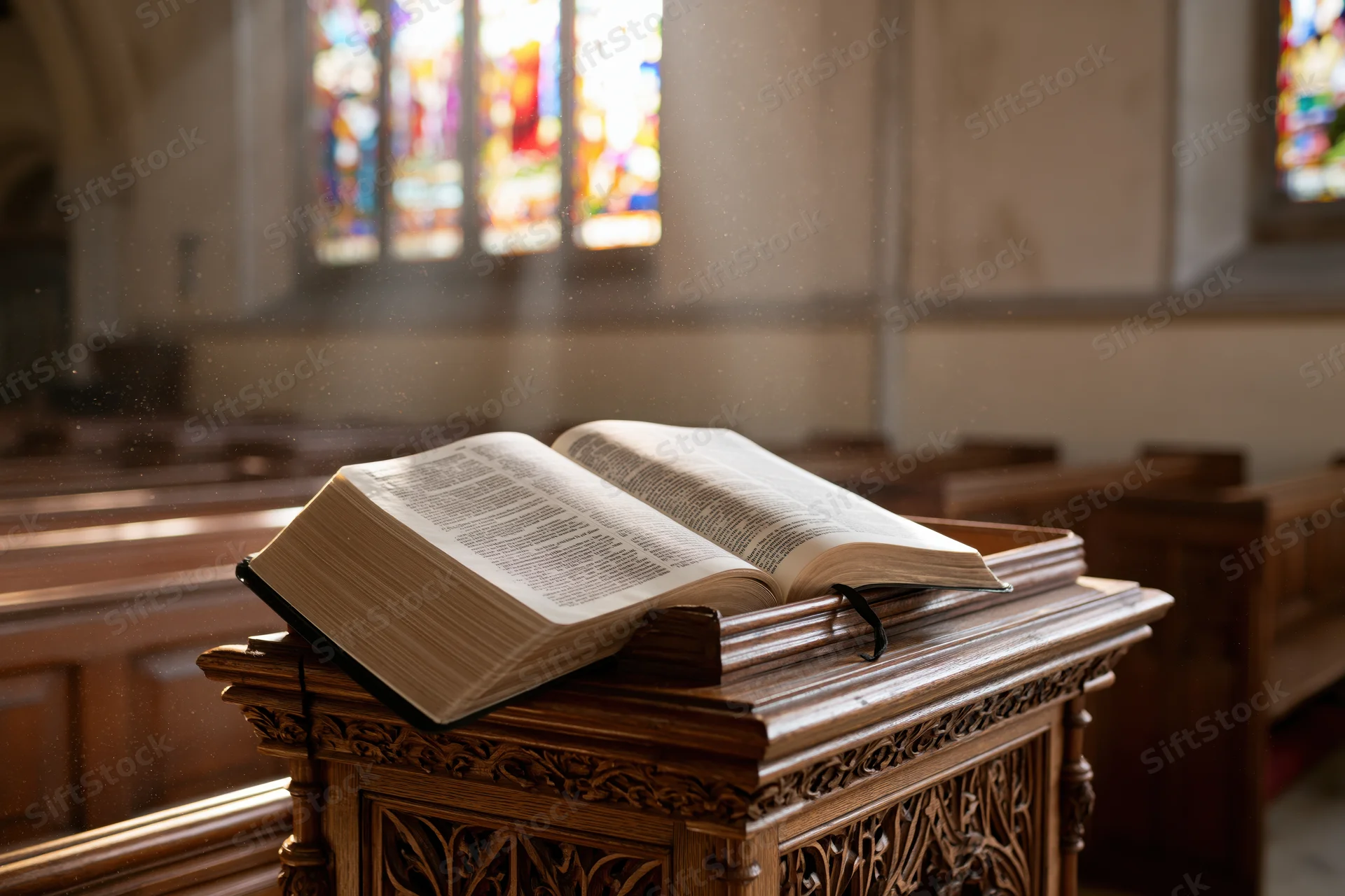 Open bible resting on carved wooden lectern in church interior with stained glass windows and sunlight filtering through
