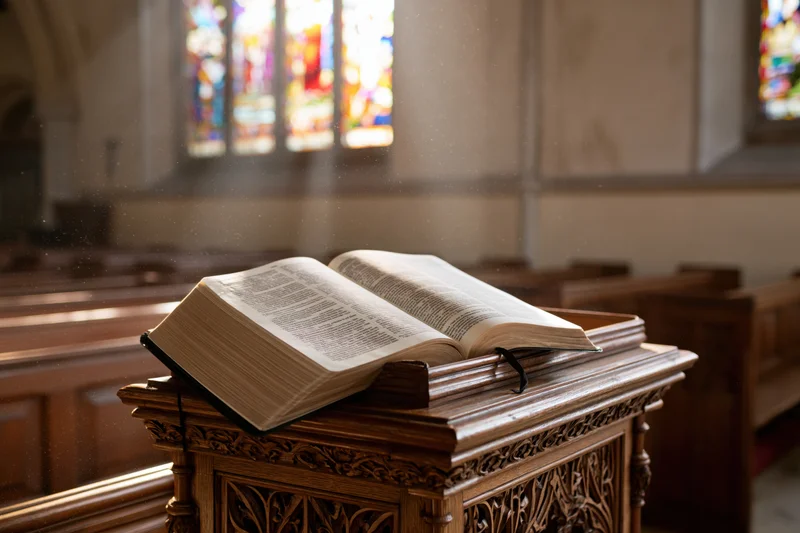 Open bible resting on carved wooden lectern in church interior with stained glass windows and sunlight filtering through