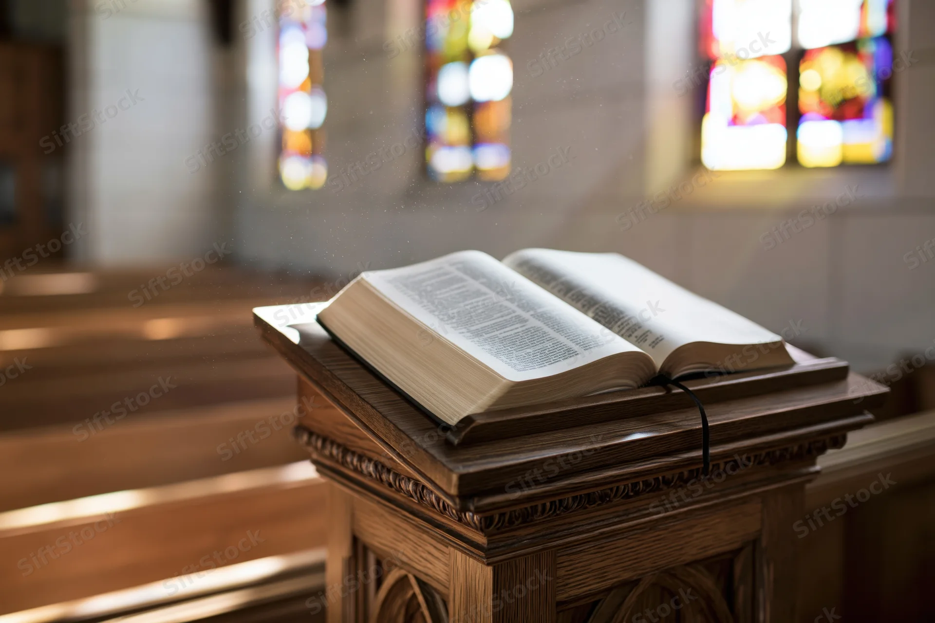 Open bible resting on carved wooden lectern in church interior with stained glass windows and sunlight streaming through