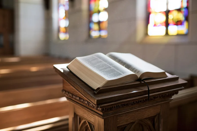 Open bible resting on carved wooden lectern in church interior with stained glass windows and sunlight streaming through
