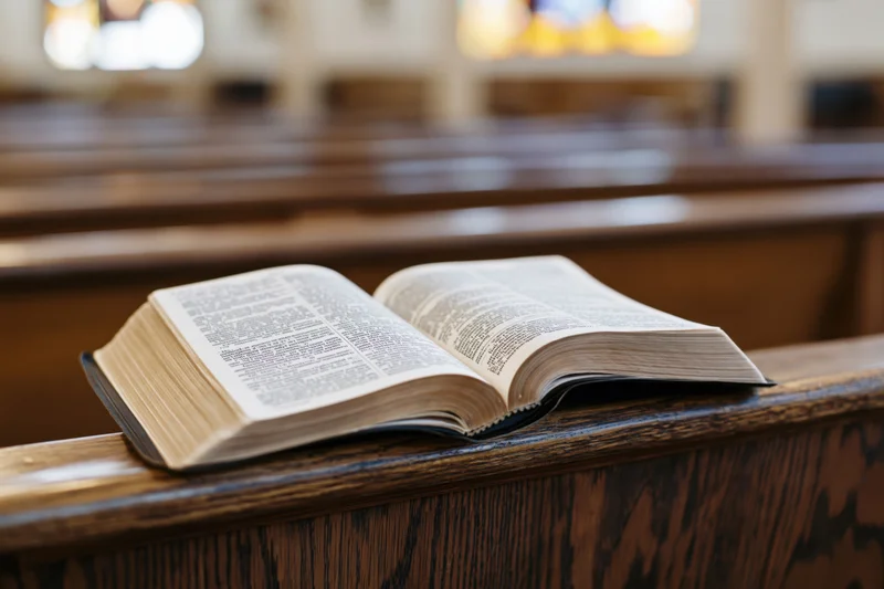 Open bible resting on wooden church pew backrail