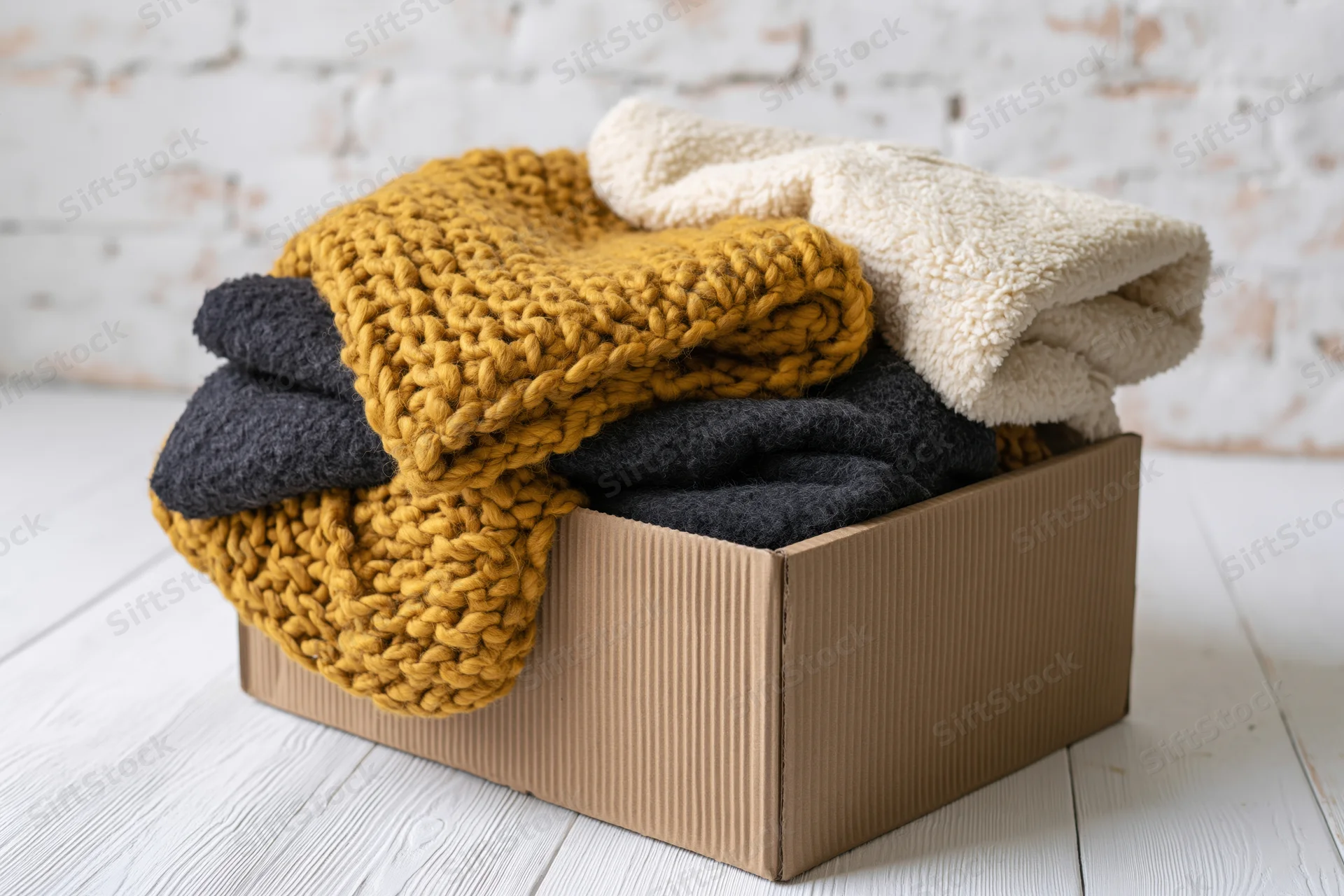 Folded winter clothing including chunky knit sweater and fleece blanket in cardboard box on white wooden floor