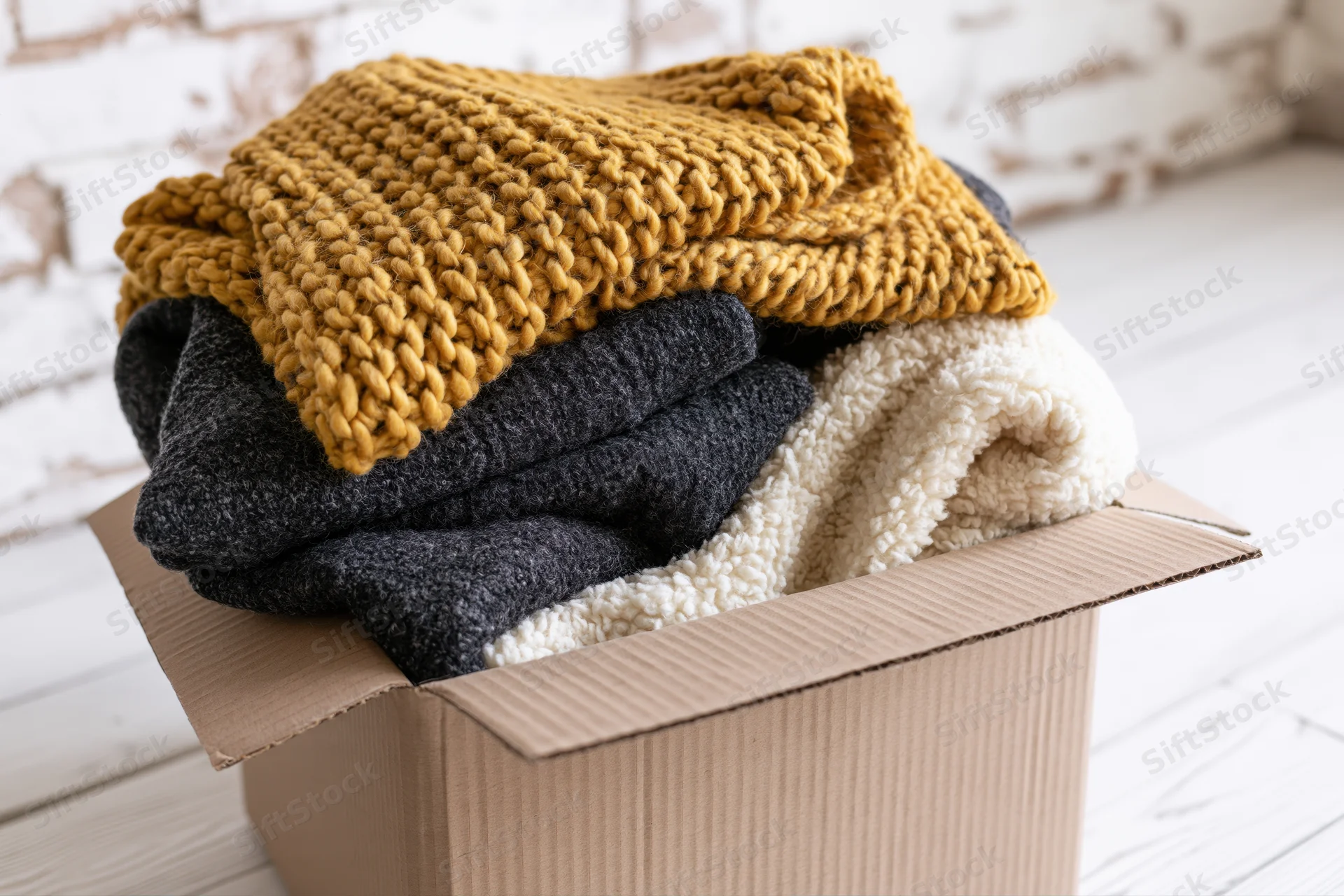 Folded winter clothing including knit sweater and fleece in open cardboard box on white wooden floor