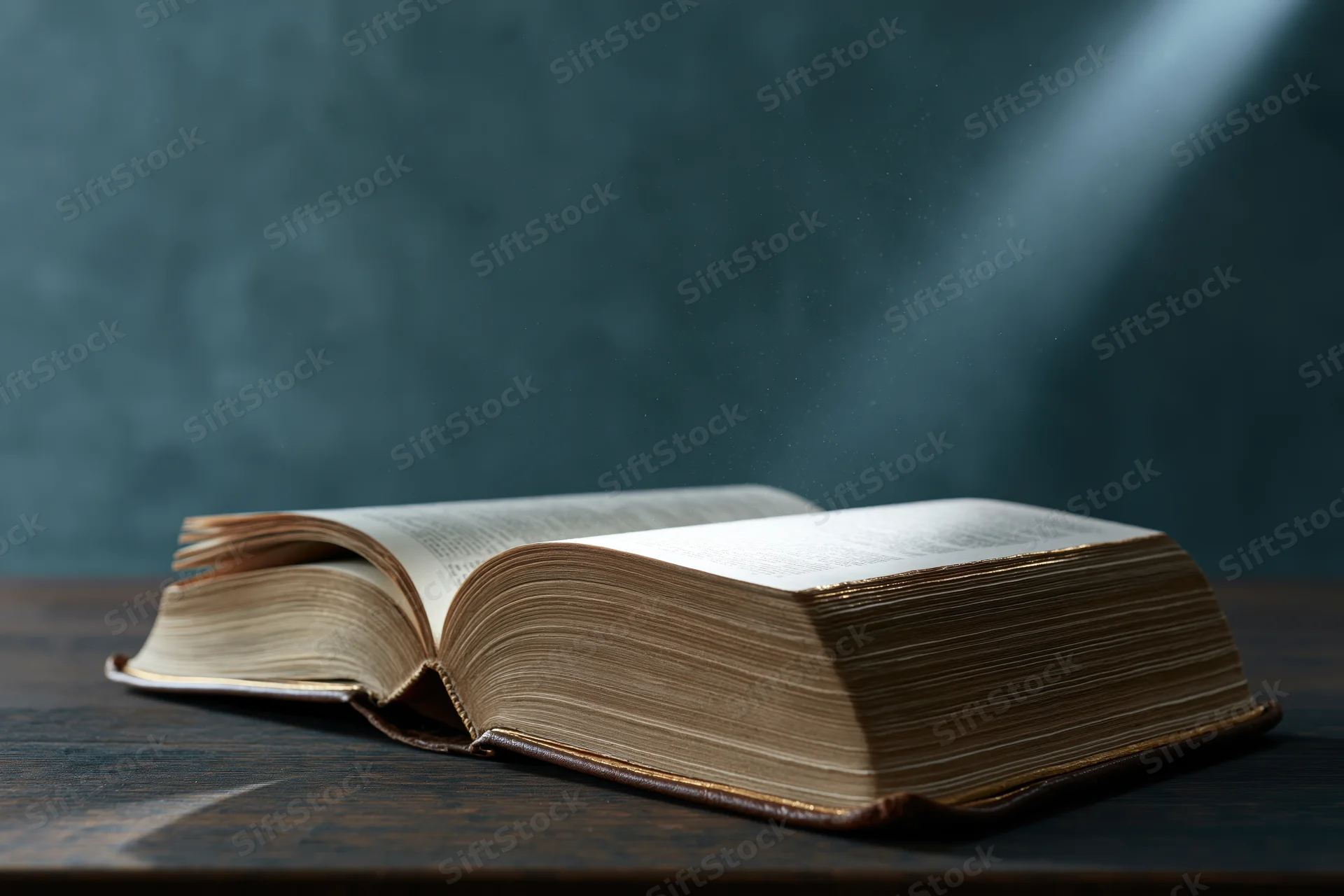 Open hardcover bible with gilded page edges lying flat on wooden table under focused light beam