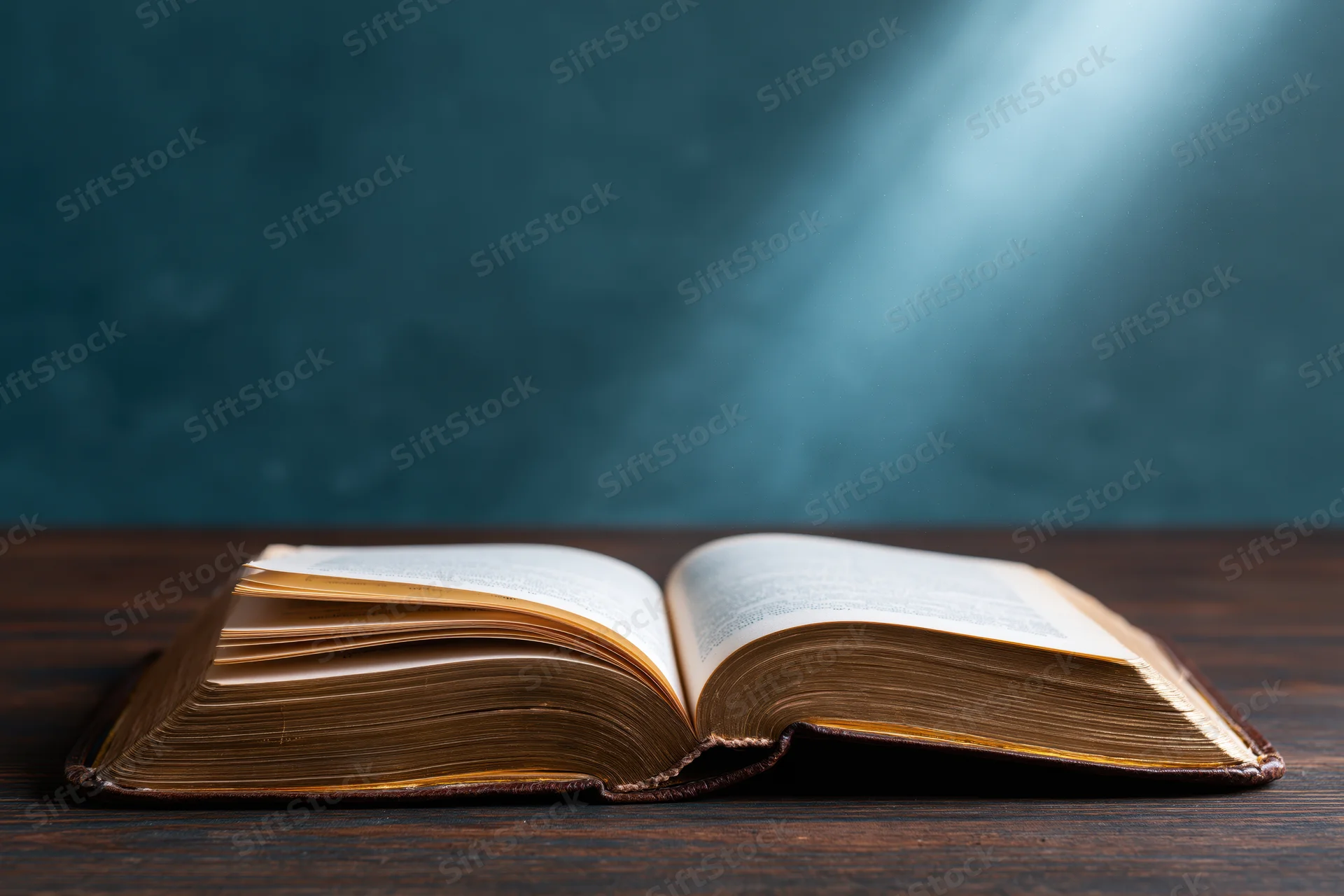 Open bible with worn gilded pages lying flat on wooden table under spotlight