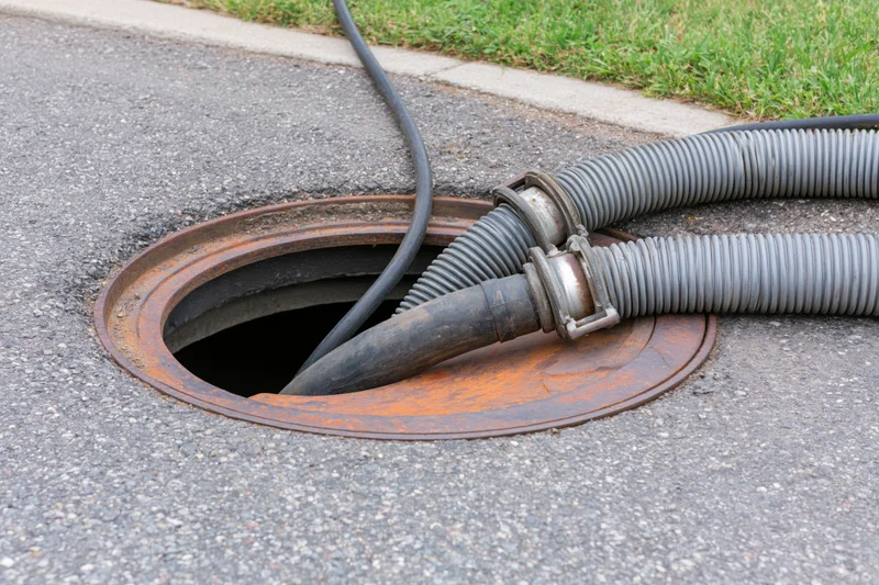 Open manhole on suburban street with industrial hoses inserted for maintenance