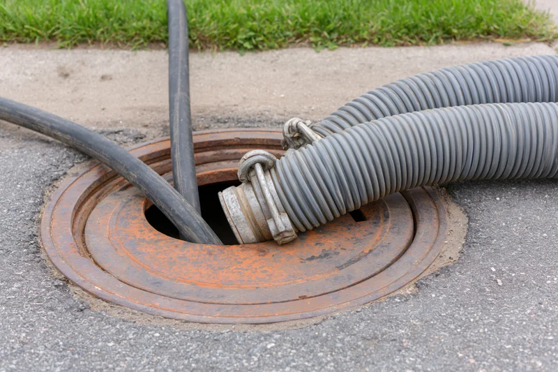 Open manhole on suburban street with industrial hoses inserted for maintenance