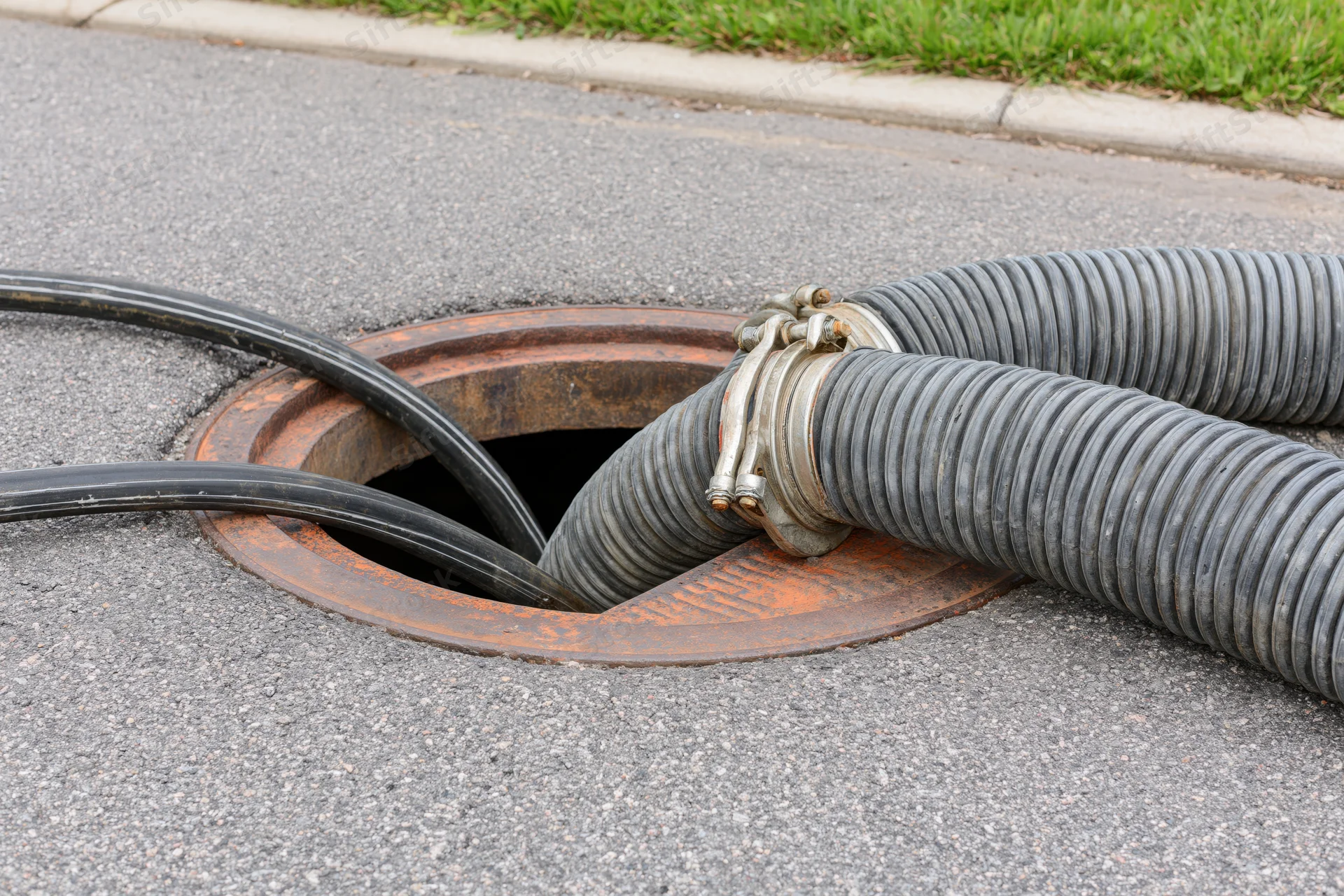 Open manhole on suburban street with industrial hoses connected for maintenance