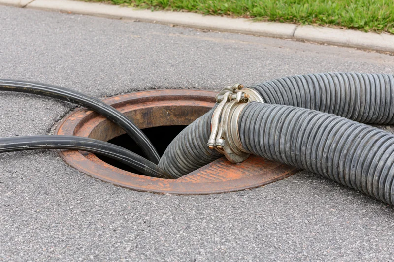 Open manhole on suburban street with industrial hoses connected for maintenance