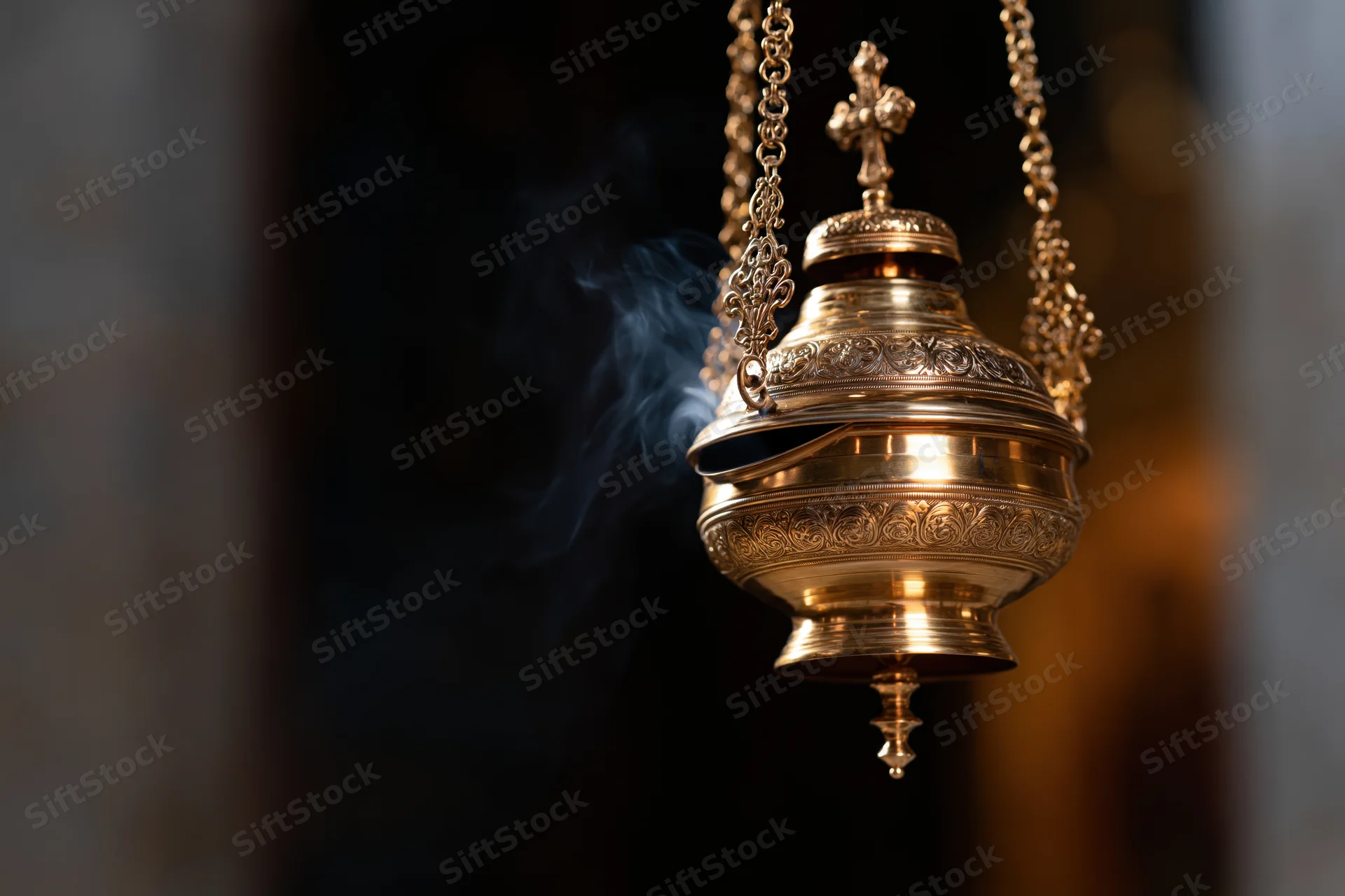 Ornate brass censer hanging with smoke rising in a church interior