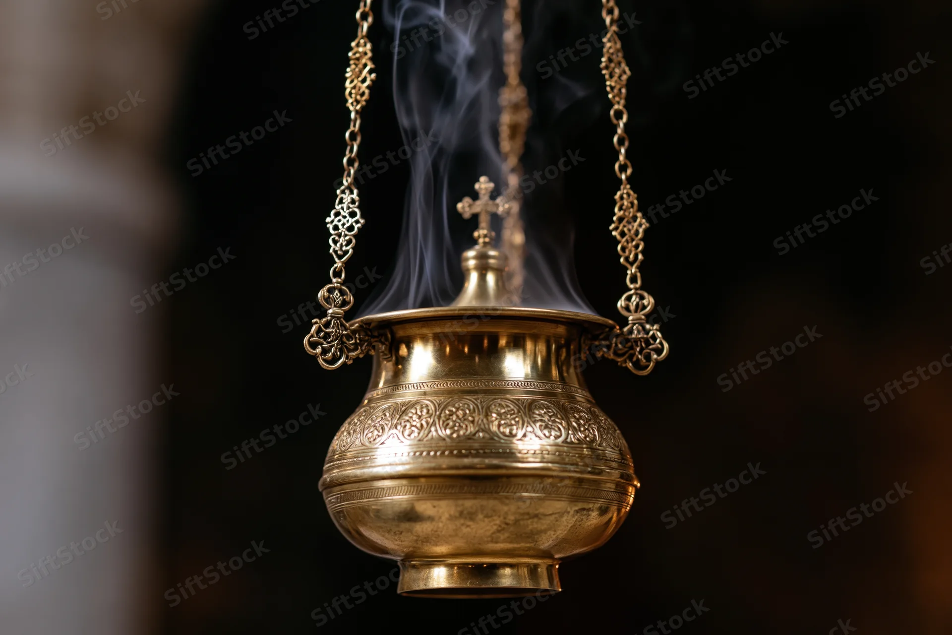 Ornate brass censer with smoke hanging from chains in a church interior