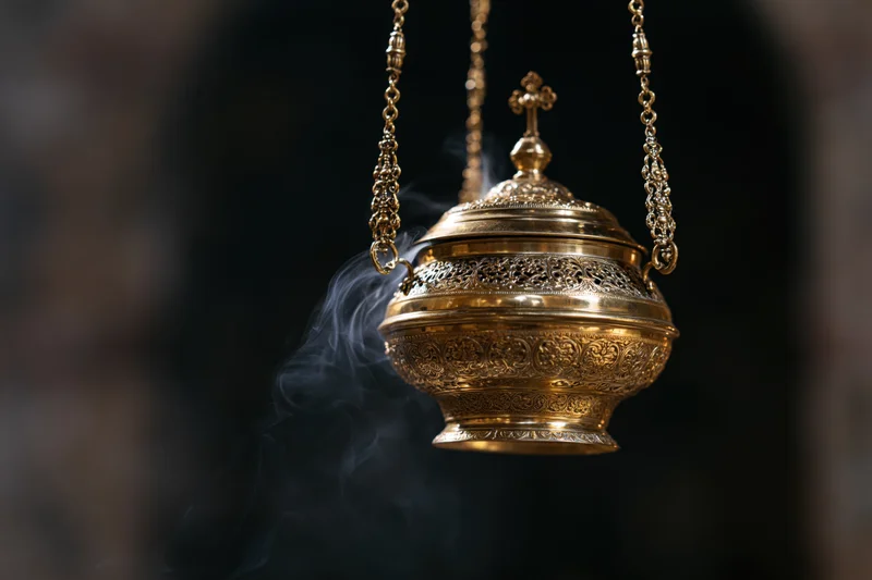 Ornate brass censer hanging with smoke rising from it in a church setting