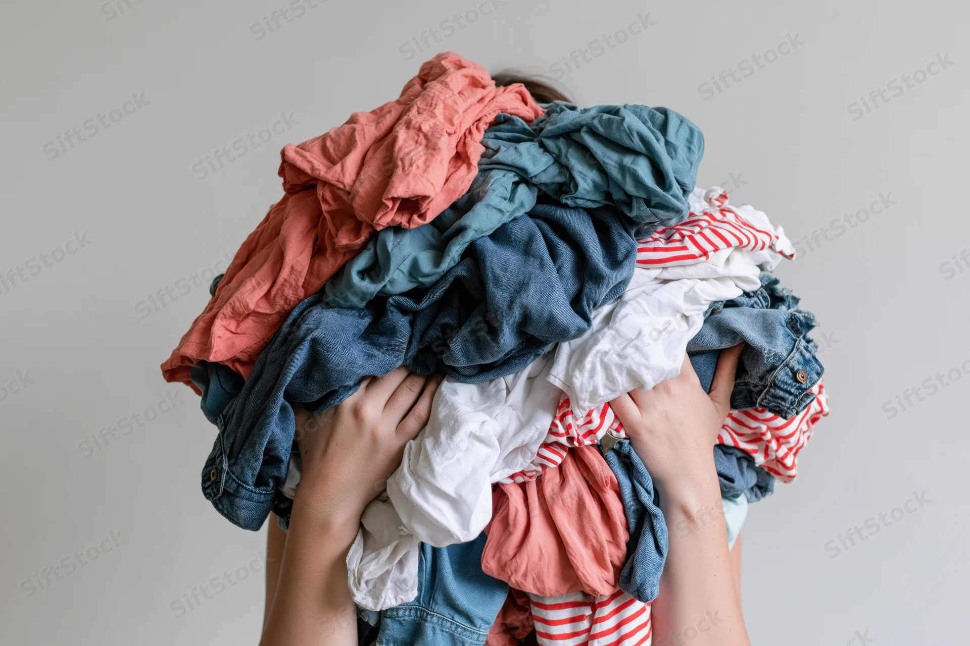 Woman holding large pile of clothes covering her face indoors