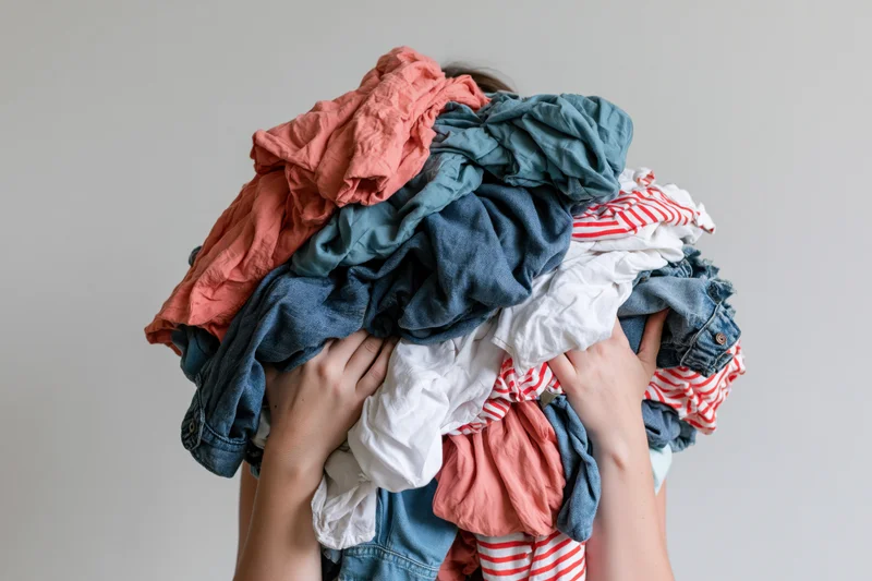 Woman holding large pile of clothes covering her face indoors