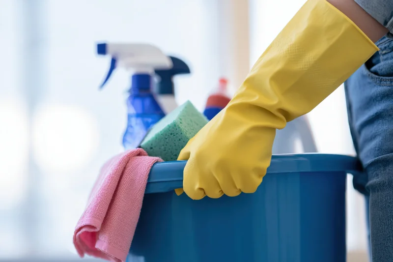 Woman in yellow gloves holding blue bucket filled with cleaning supplies in home interior