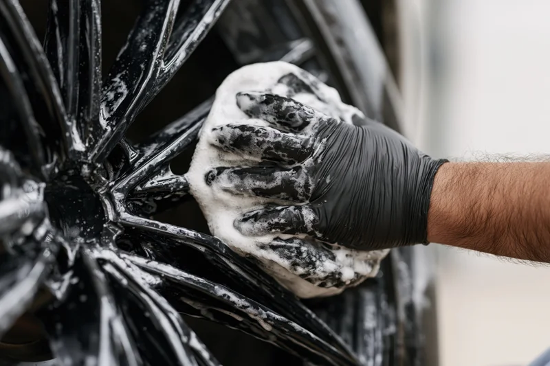 Hand in black nitrile glove scrubbing a soapy alloy car wheel