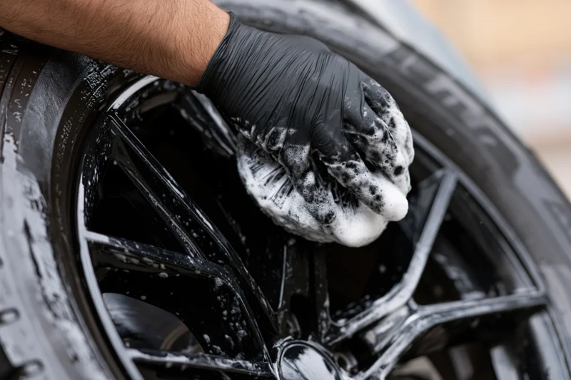 Hand in black nitrile glove scrubbing a soapy car alloy wheel