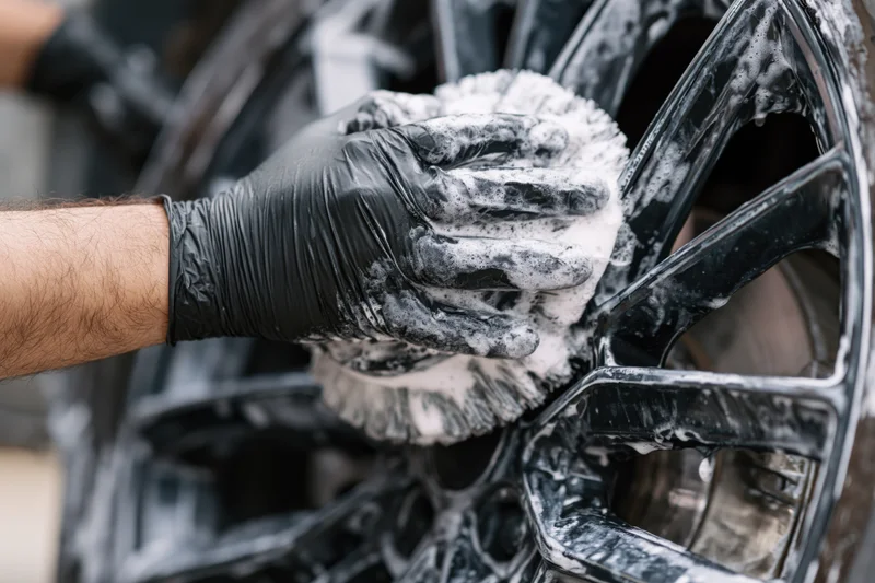 Hand in black nitrile glove scrubbing a soapy car alloy wheel with a foam-covered cloth