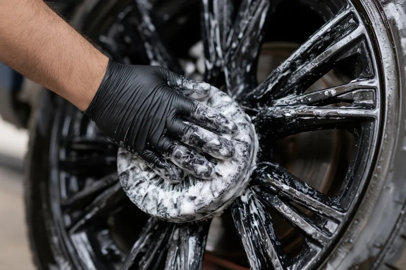 Hand in black nitrile glove scrubbing car alloy wheel with soapy sponge