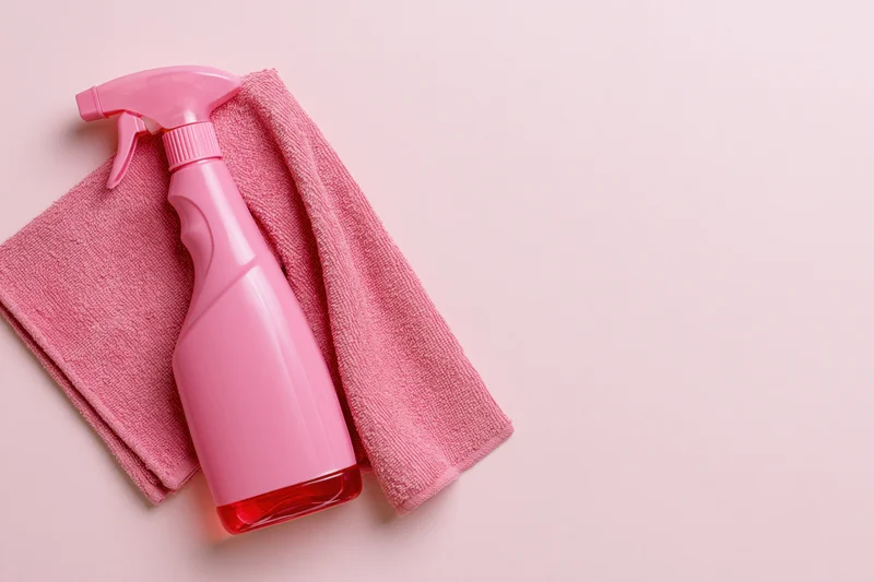 Pink spray bottle with red liquid and microfiber towel on light pink surface