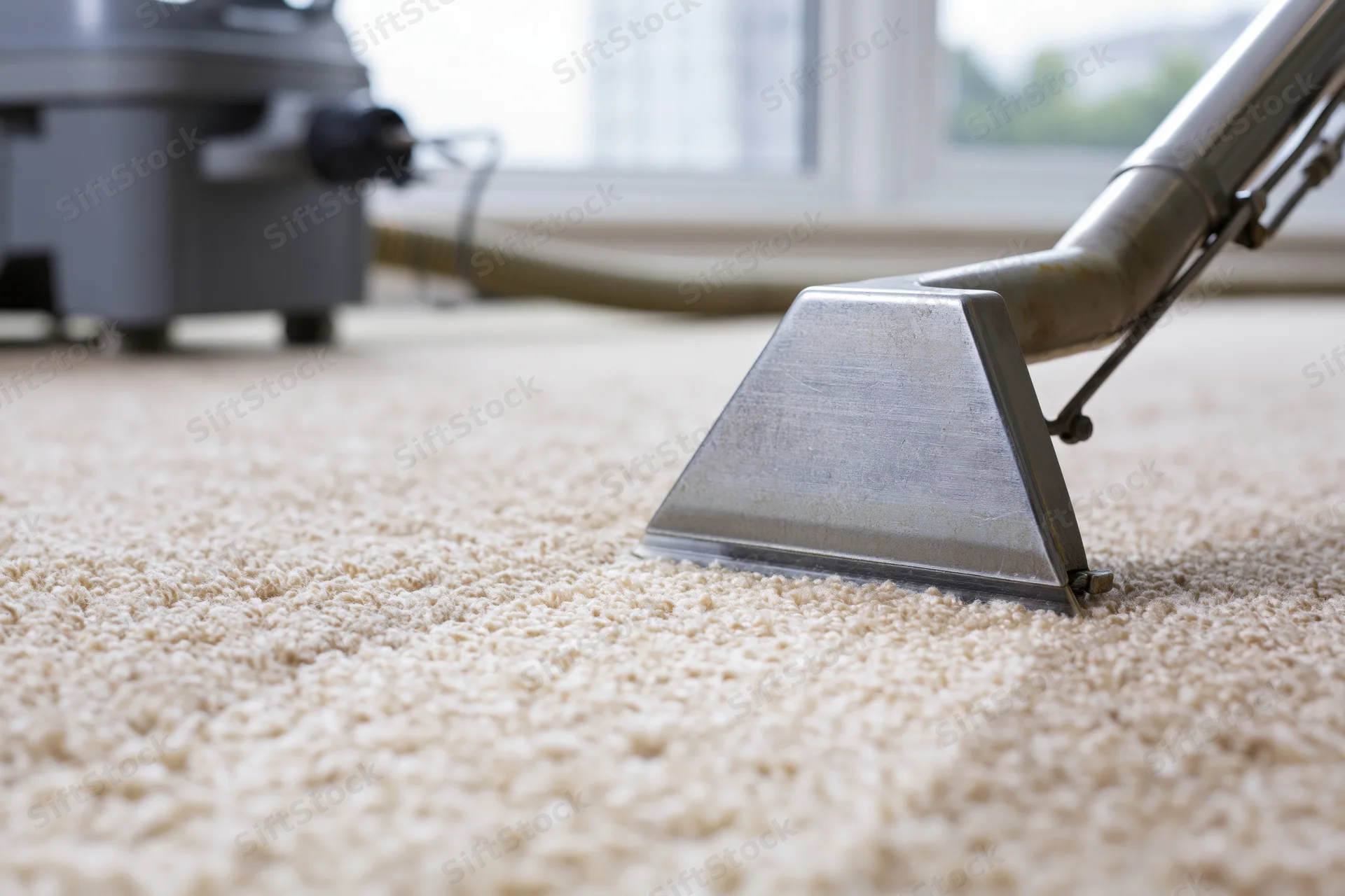 Vacuum nozzle on beige carpet during cleaning in home interior