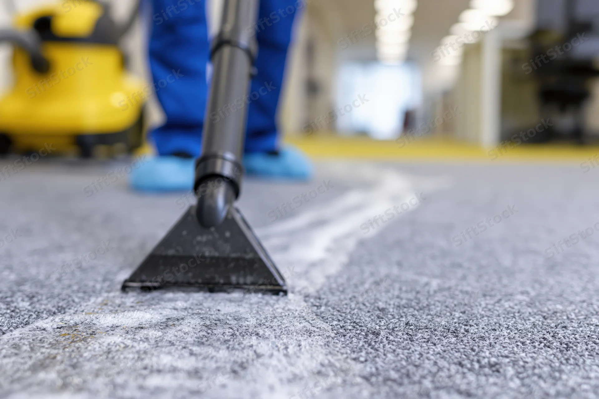 Professional cleaner using wet extraction wand to deep clean gray carpet in commercial hallway