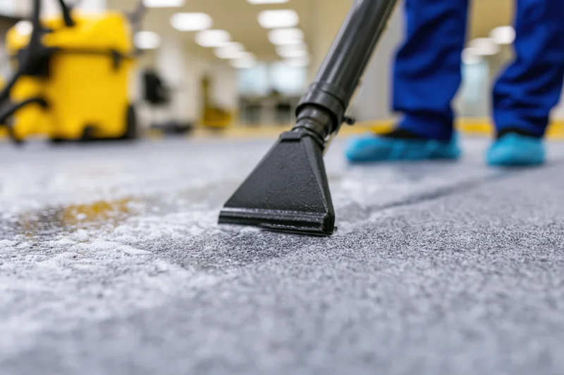 Wet extraction wand cleaning gray carpet in industrial facility