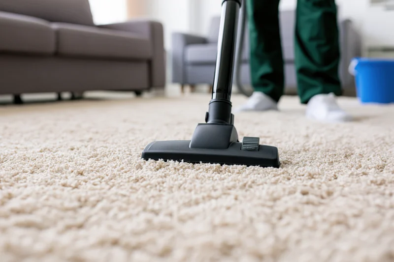 Vacuum cleaner head on thick cream carpet in living room with sofa and cleaner in green pants and white sneakers