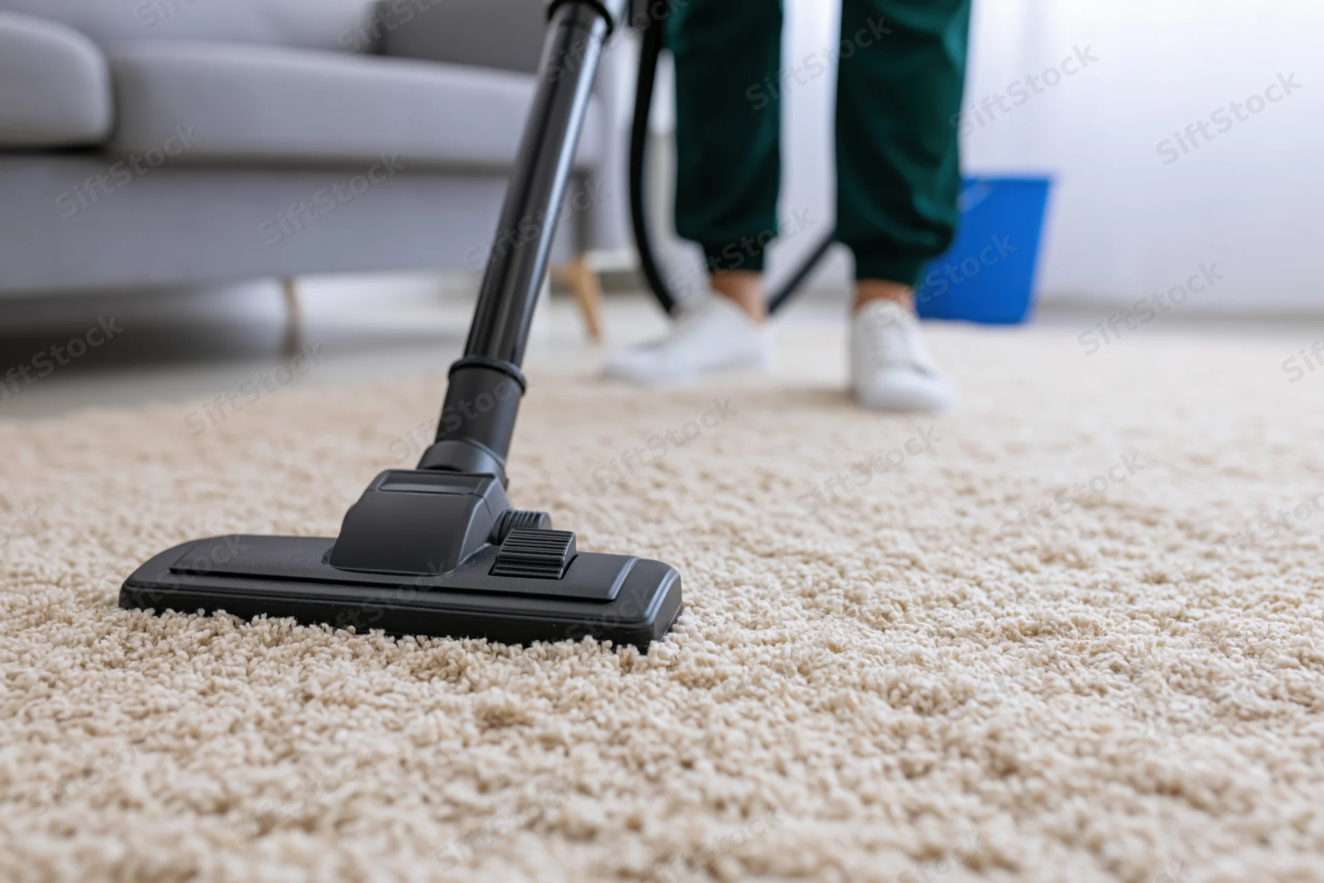 Vacuum cleaner head moving across thick cream carpet in living room