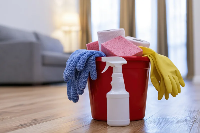 Red plastic bucket filled with cleaning supplies including gloves, sponge and spray bottle on wooden floor in living room