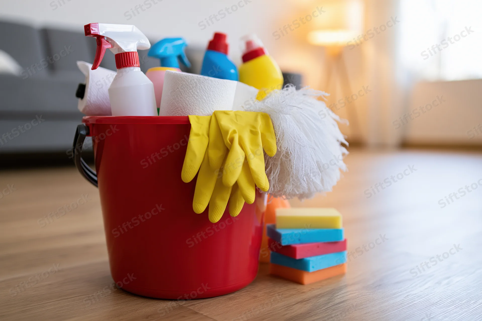 Red plastic bucket filled with cleaning supplies on wooden floor in living room