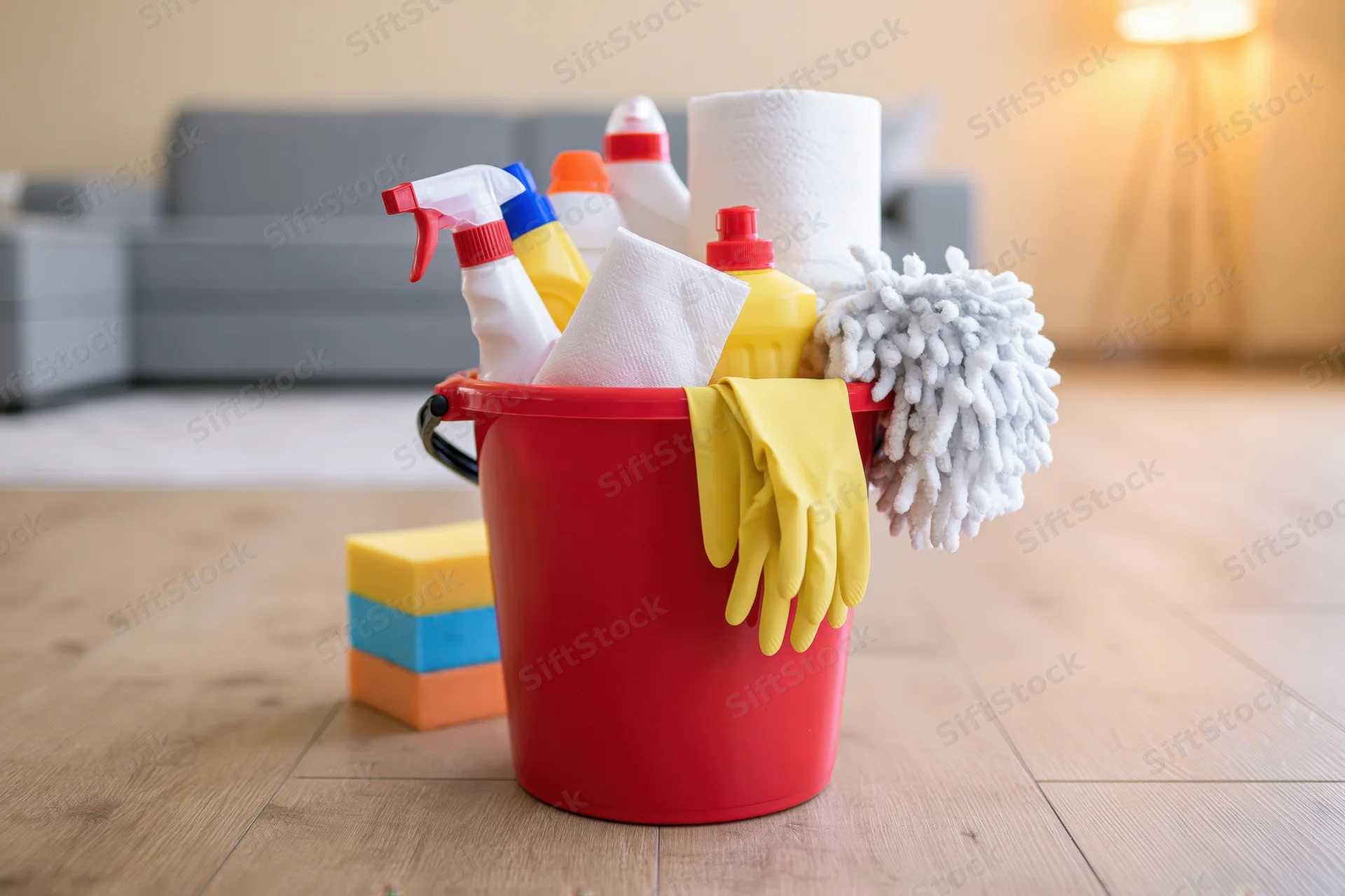 Red plastic bucket filled with cleaning supplies on wooden floor in living room