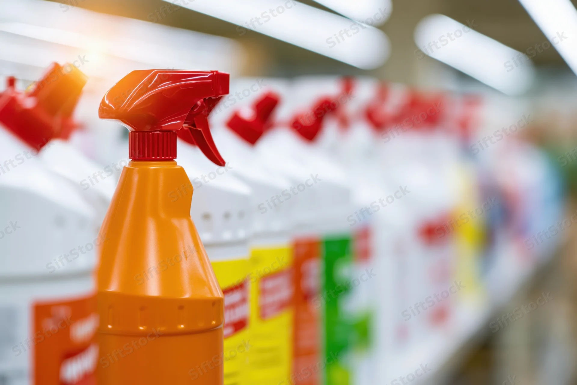 Orange spray bottle on supermarket shelf with row of cleaning products behind