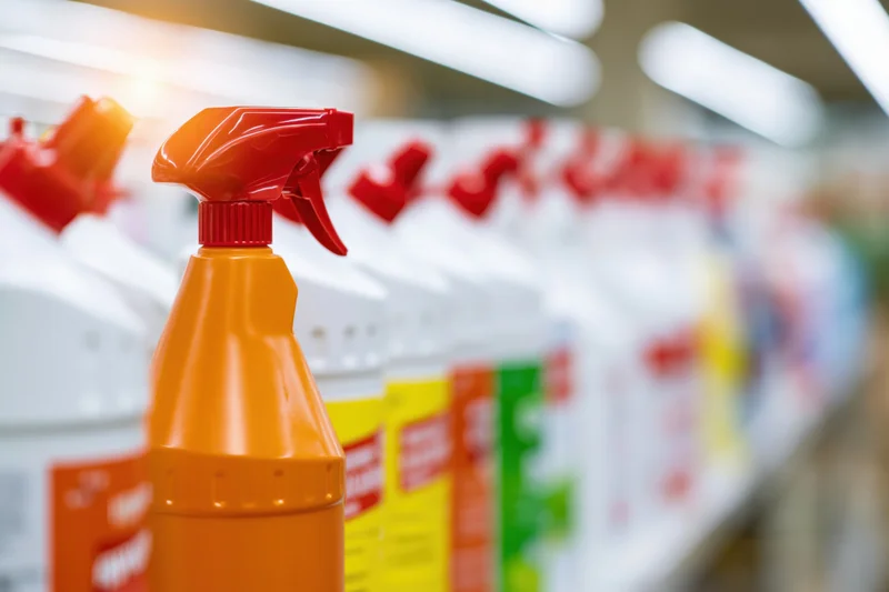 Orange spray bottle on supermarket shelf with row of cleaning products behind