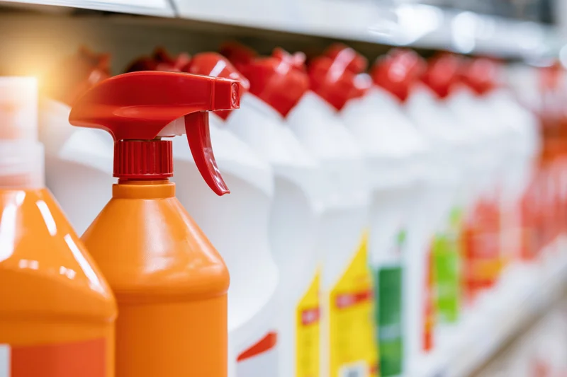 Row of orange and white cleaning spray bottles lined up on a supermarket shelf