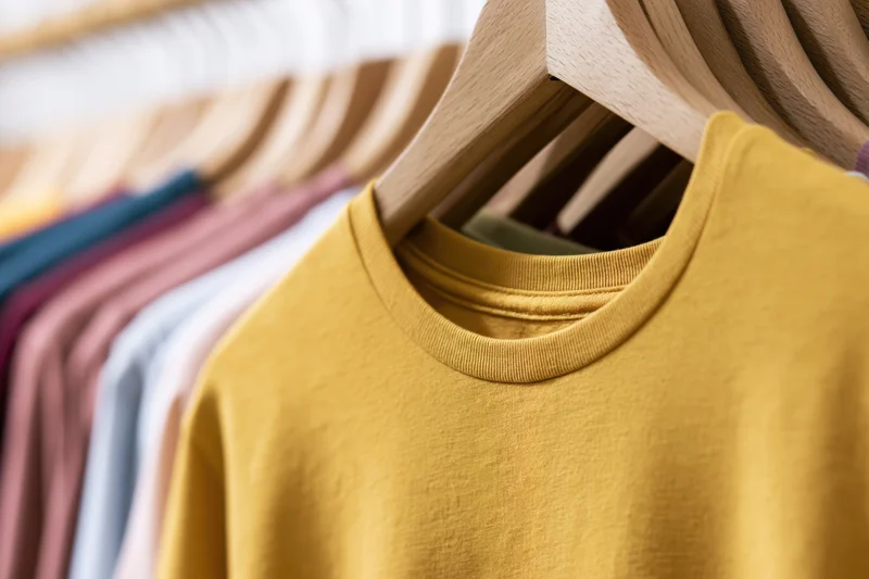 Row of plain cotton t-shirts hanging on wooden hangers in a closet display