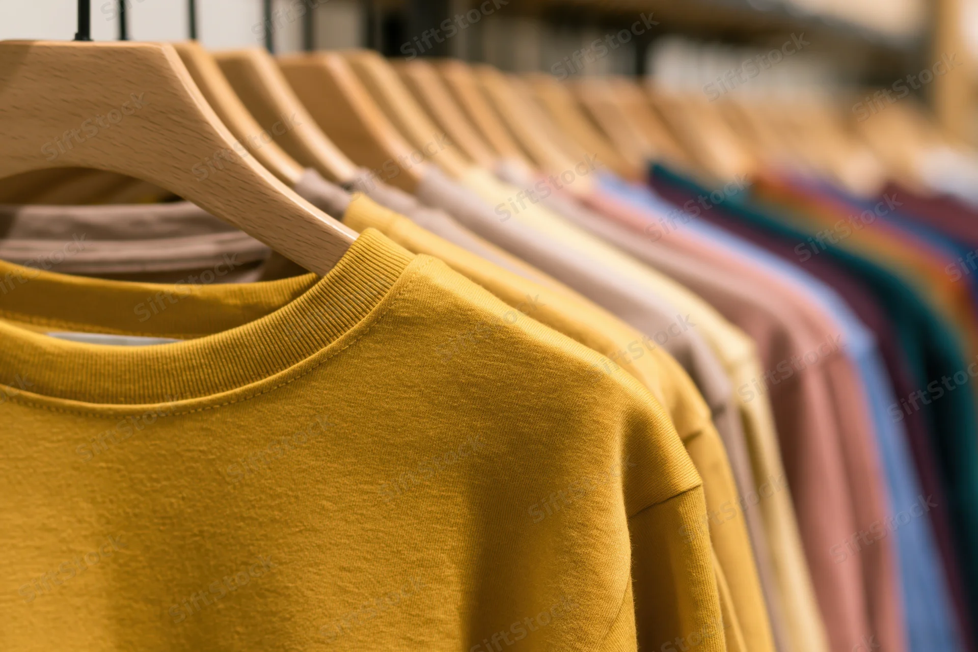 Row of plain cotton t-shirts hanging on wooden hangers in a retail store display